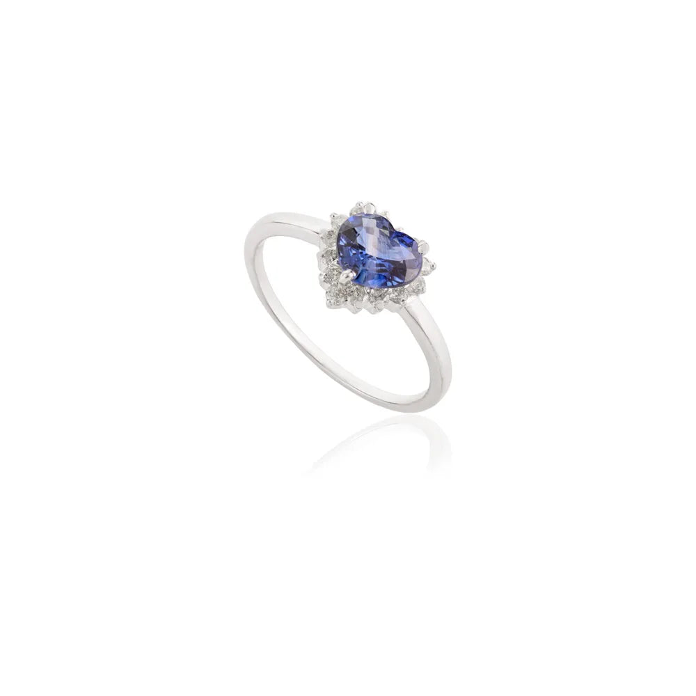 Heart Shape Blue Sapphire & Round Diamond Solid 14K White Gold Designer Ring