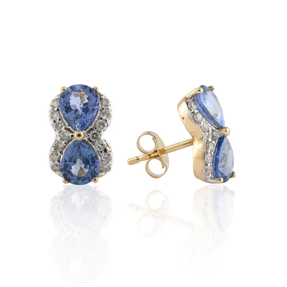 Fashionable Natural Blue Sapphire & Diamond 14K Solid Yellow Gold Stud Earring