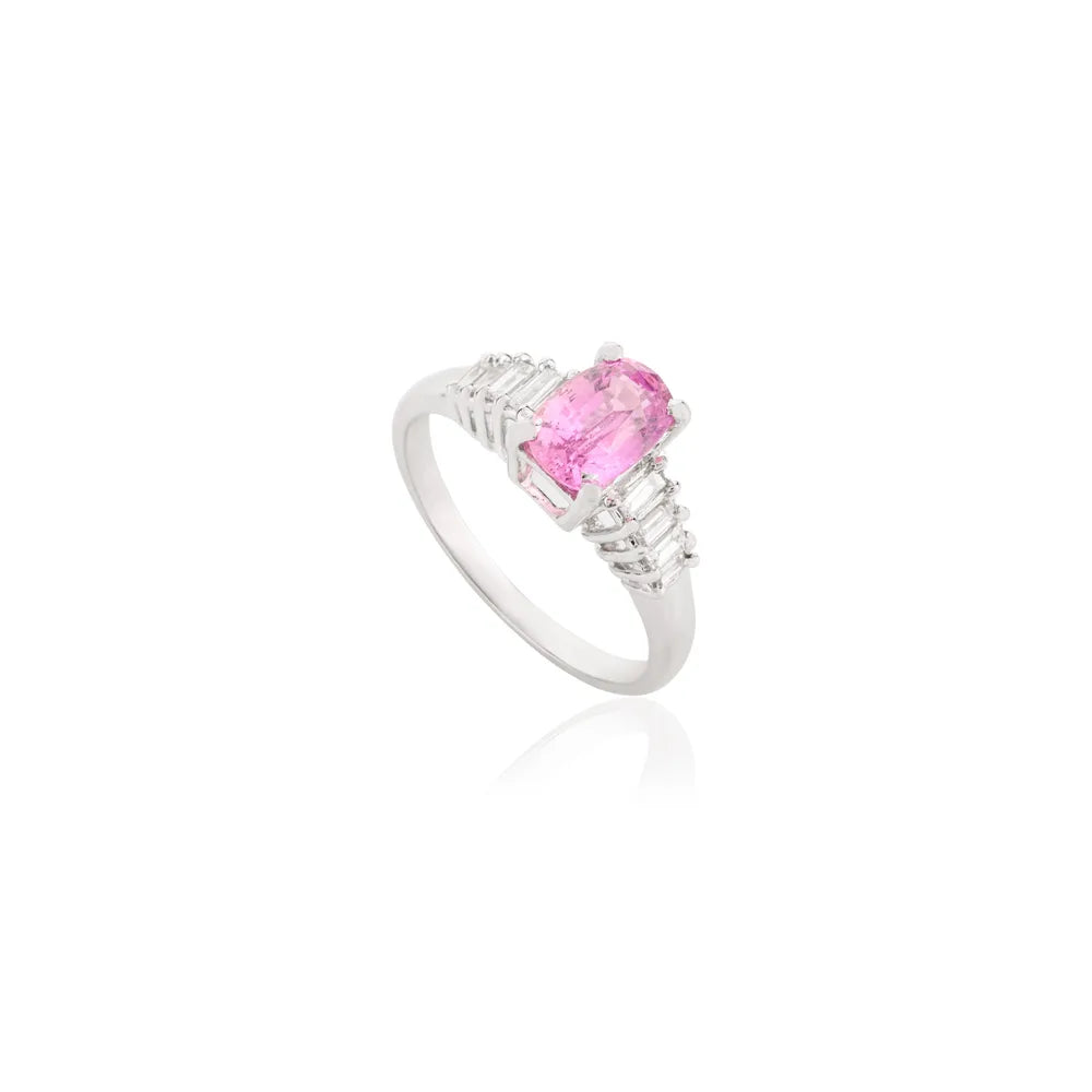 Latest Design Pink Sapphire & Diamond 14K Solid White Gold Engagement Ring