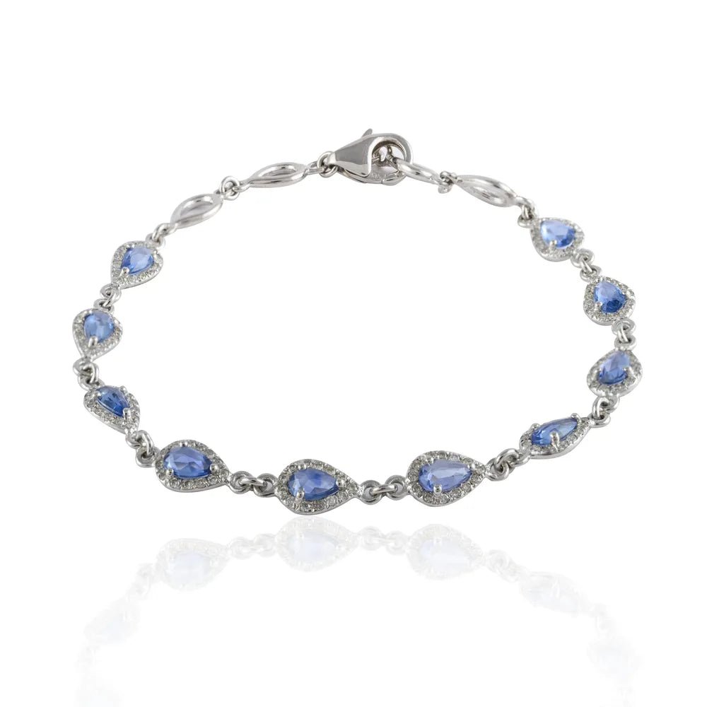 Fine Jewelry Natural Precious Gemstone Blue Sapphire & Diamond 18K Solid White Gold Bracelet