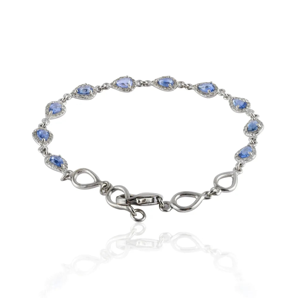 Fine Jewelry Natural Precious Gemstone Blue Sapphire & Diamond 18K Solid White Gold Bracelet