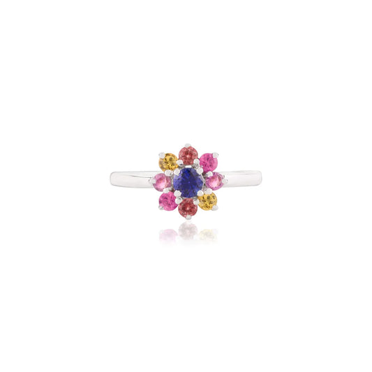 Everyday Jewelry 14K Solid White Gold Natural Multi Gemstone Flower Ring