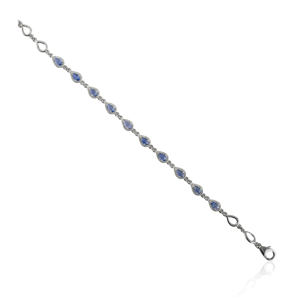 Fine Jewelry Natural Precious Gemstone Blue Sapphire & Diamond 18K Solid White Gold Bracelet