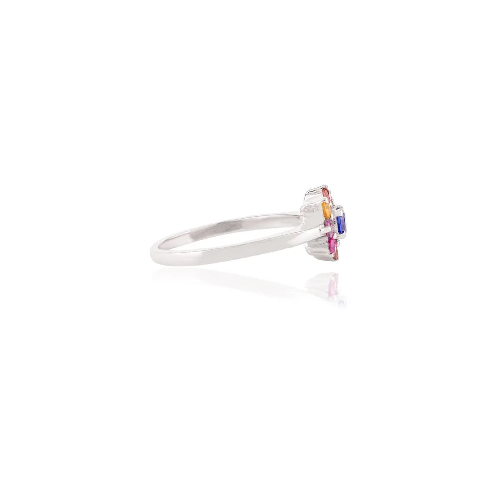 Everyday Jewelry 14K Solid White Gold Natural Multi Gemstone Flower Ring