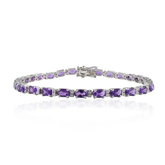 Gemstone Jewelry Natural Amethyst & Diamond 14K White Gold Tennis Bracelet