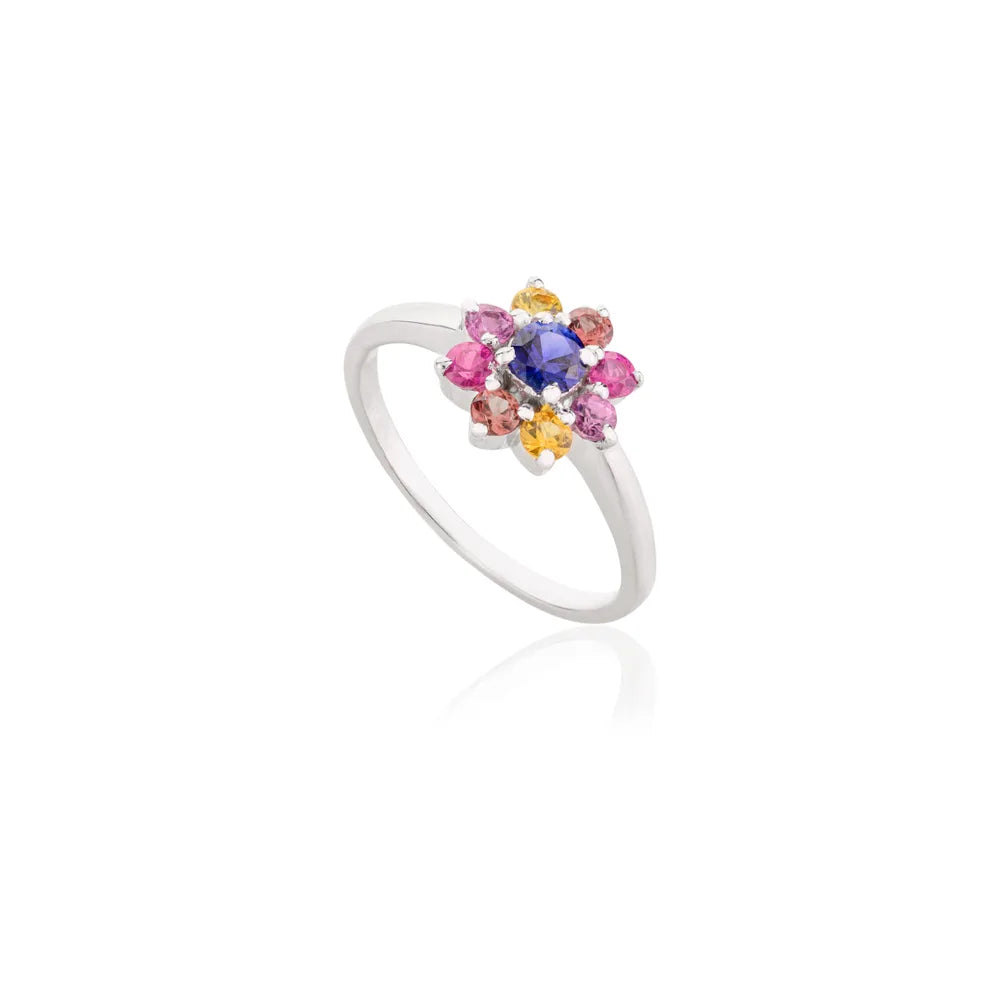 Everyday Jewelry 14K Solid White Gold Natural Multi Gemstone Flower Ring