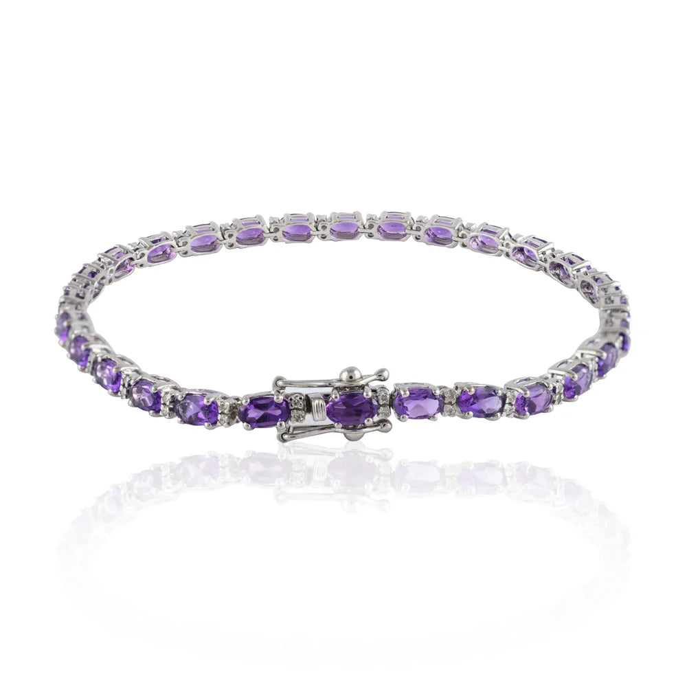 Gemstone Jewelry Natural Amethyst & Diamond 14K White Gold Tennis Bracelet