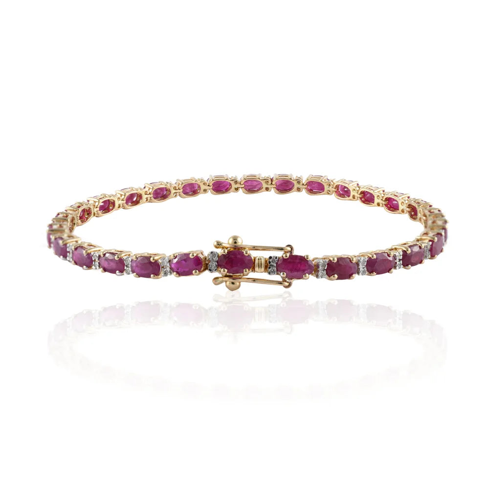 Handmade Real Ruby & Diamond 14K Solid Yellow Gold Gemstone Bracelet