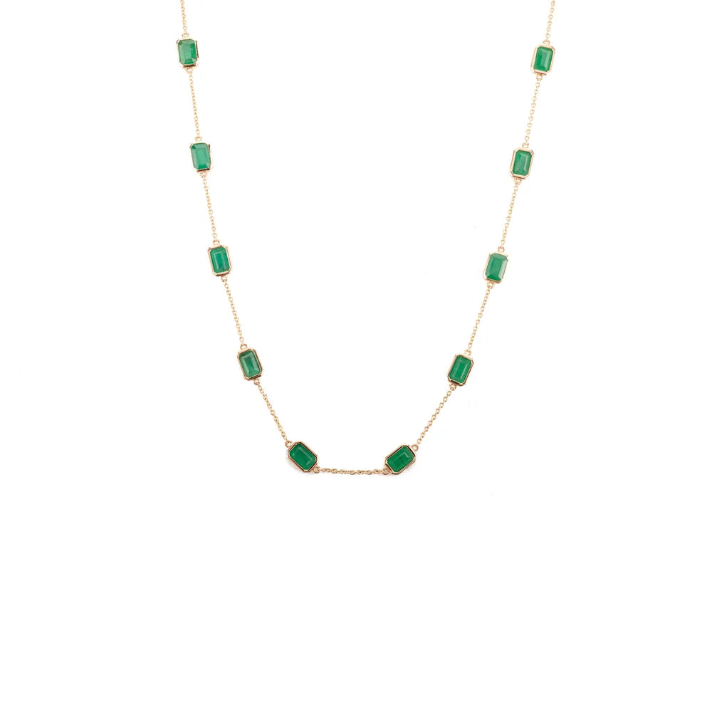 Birthstone Jewelry 14K Yellow Gold Natural Emerald Station Chain Necklace