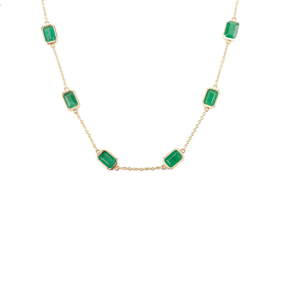 Birthstone Jewelry 14K Yellow Gold Natural Emerald Station Chain Necklace