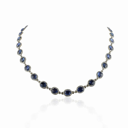 Natural Precious Gemstone Blue Sapphire & Diamond 18K White Gold Necklace