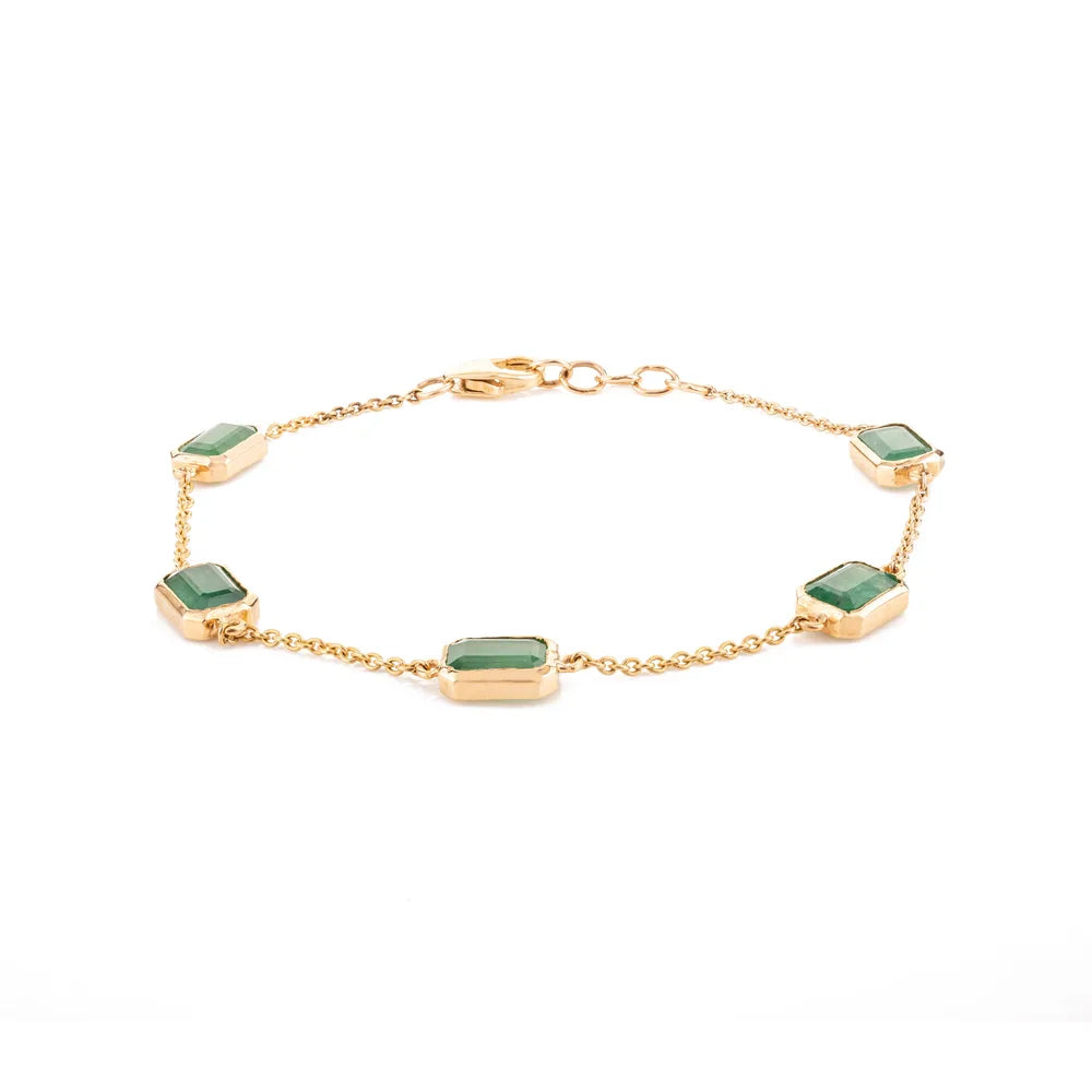 Handmade Jewelry May Birthstone Emerald 14K Solid Yellow Gold Chain Bracelet