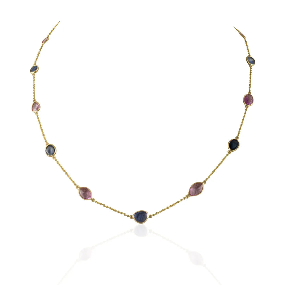 Precious Gemstone Natural Multi Sapphire 14K Yellow Gold Long Chain Necklace