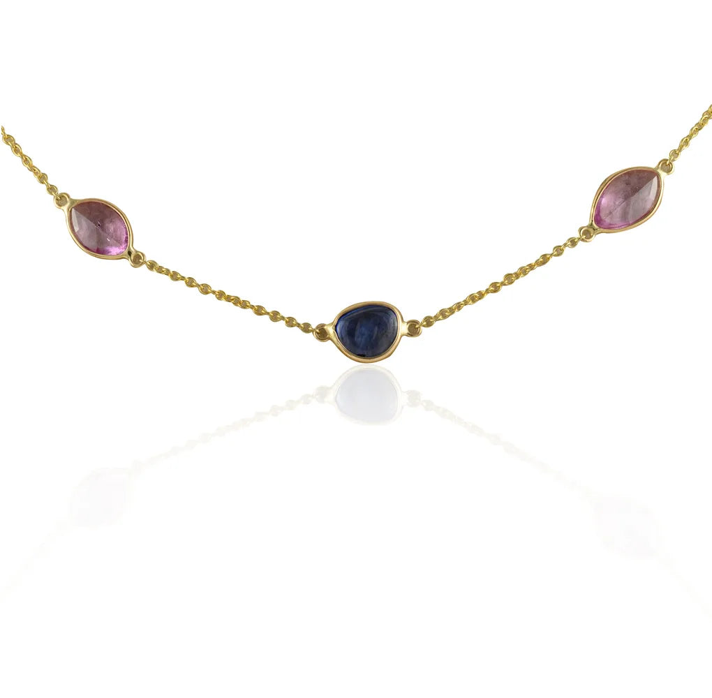 Precious Gemstone Natural Multi Sapphire 14K Yellow Gold Long Chain Necklace