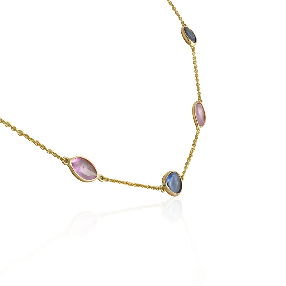 Precious Gemstone Natural Multi Sapphire 14K Yellow Gold Long Chain Necklace