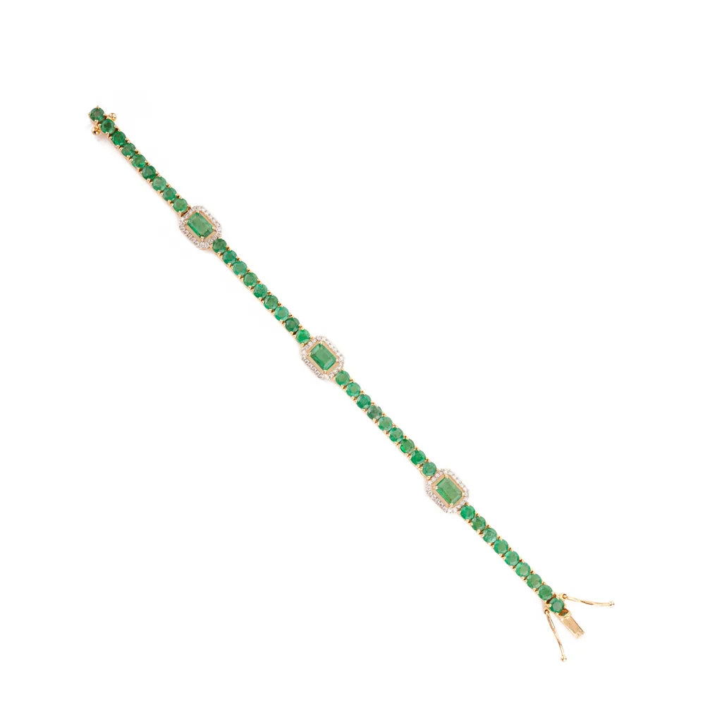 May Birthstone Natural Emerald & Diamond Solid K14 Yellow Gold Tennis Bracelet