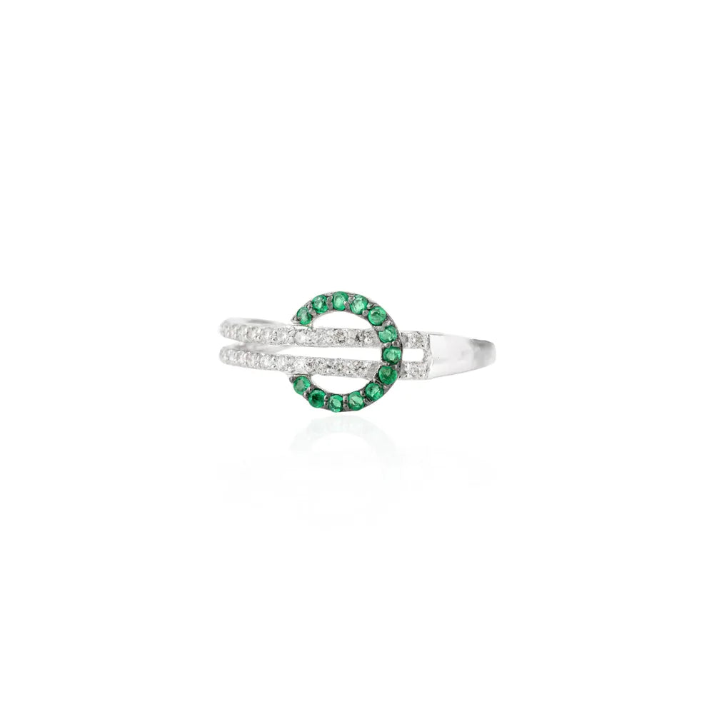 Unique Jewelry 18k Solid White Gold Emerald and Diamond Belt Buckle Band Ring