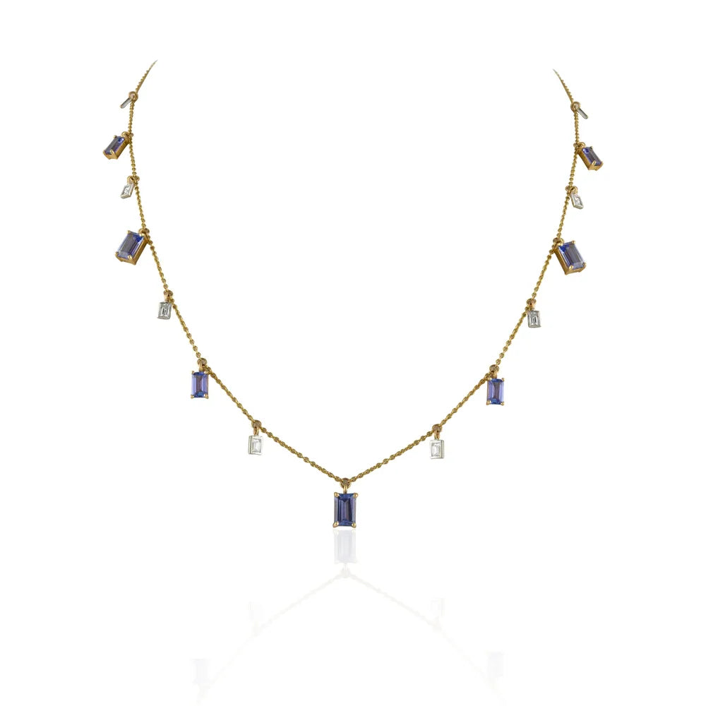 Gemstone Jewelry Natural Tanzanite & Diamond 14K Yellow Gold Long Chain Necklace