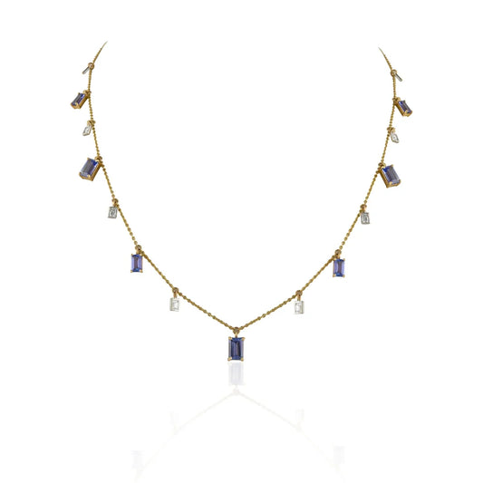 Gemstone Jewelry Natural Tanzanite & Diamond 14K Yellow Gold Long Chain Necklace