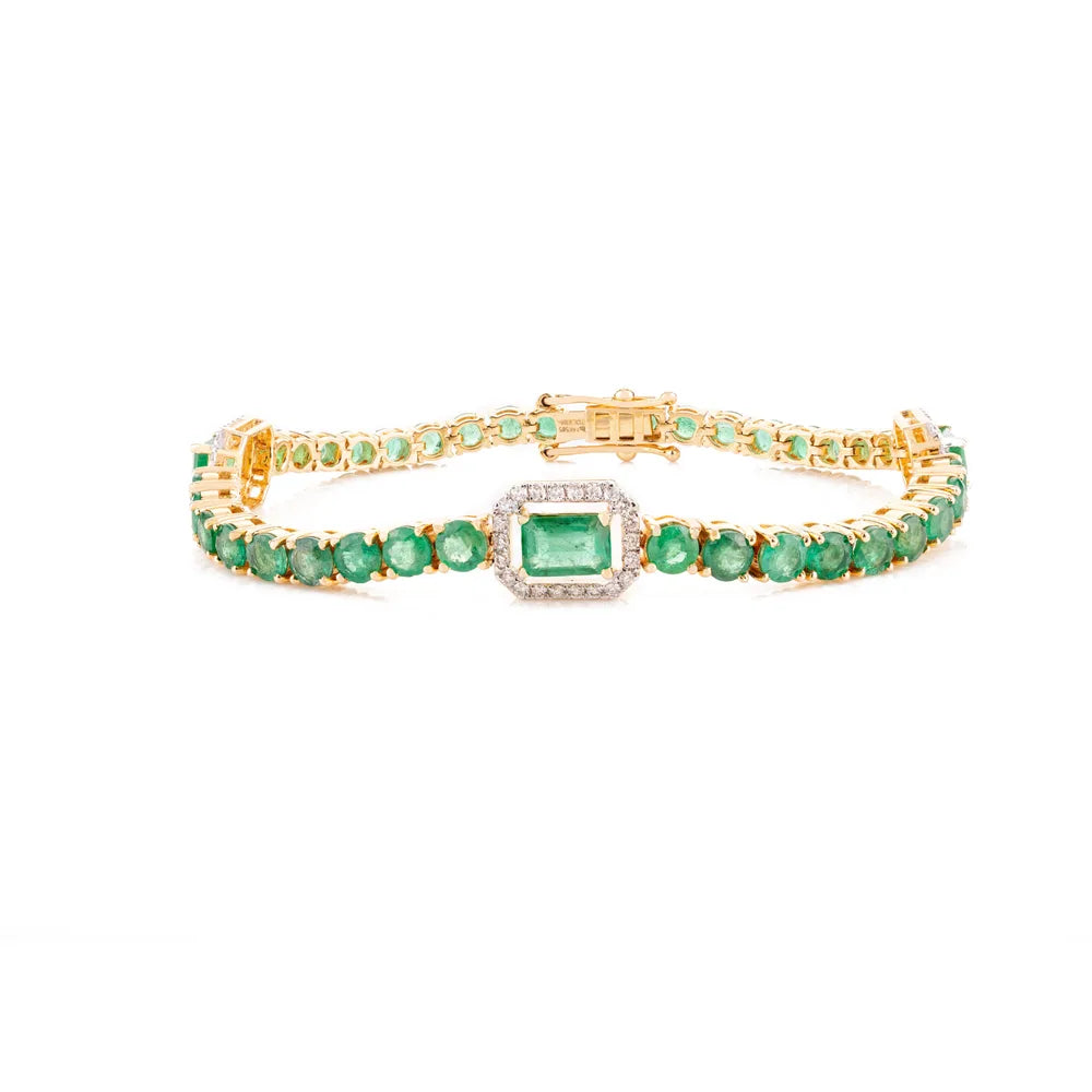 May Birthstone Natural Emerald & Diamond Solid K14 Yellow Gold Tennis Bracelet