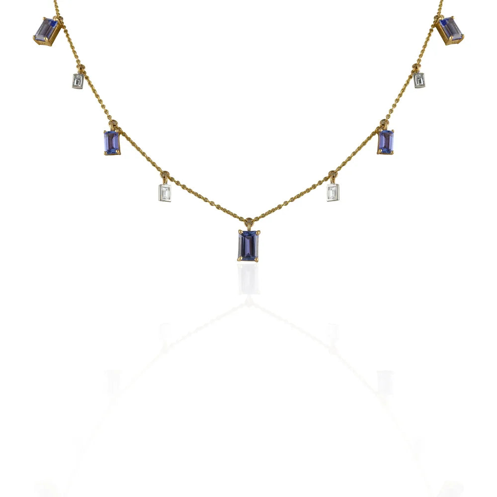 Gemstone Jewelry Natural Tanzanite & Diamond 14K Yellow Gold Long Chain Necklace