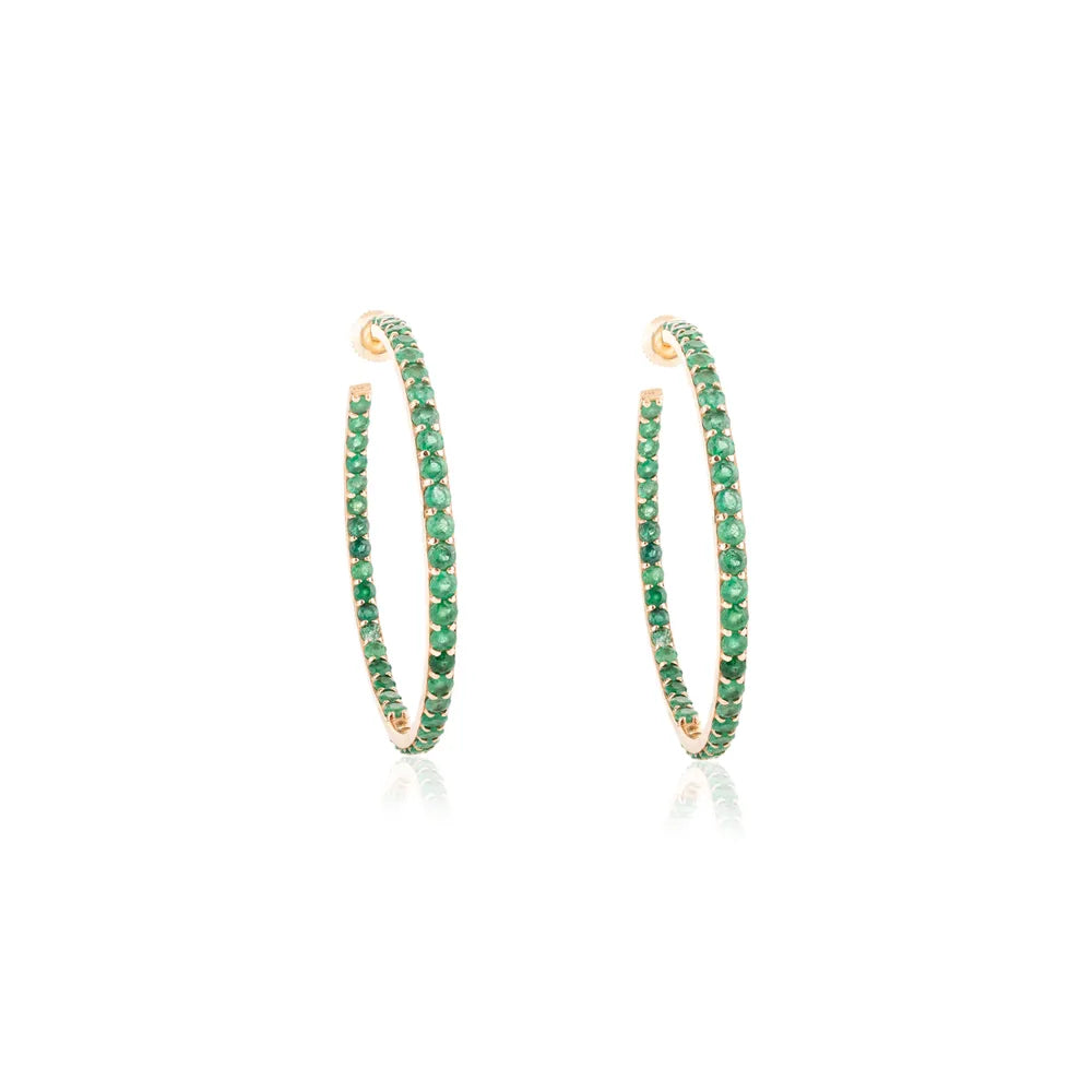 Birthstone Jewelry K14 Yellow Gold 100% Natural Emerald Hoop Earrings