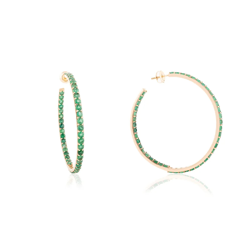 Birthstone Jewelry K14 Yellow Gold 100% Natural Emerald Hoop Earrings