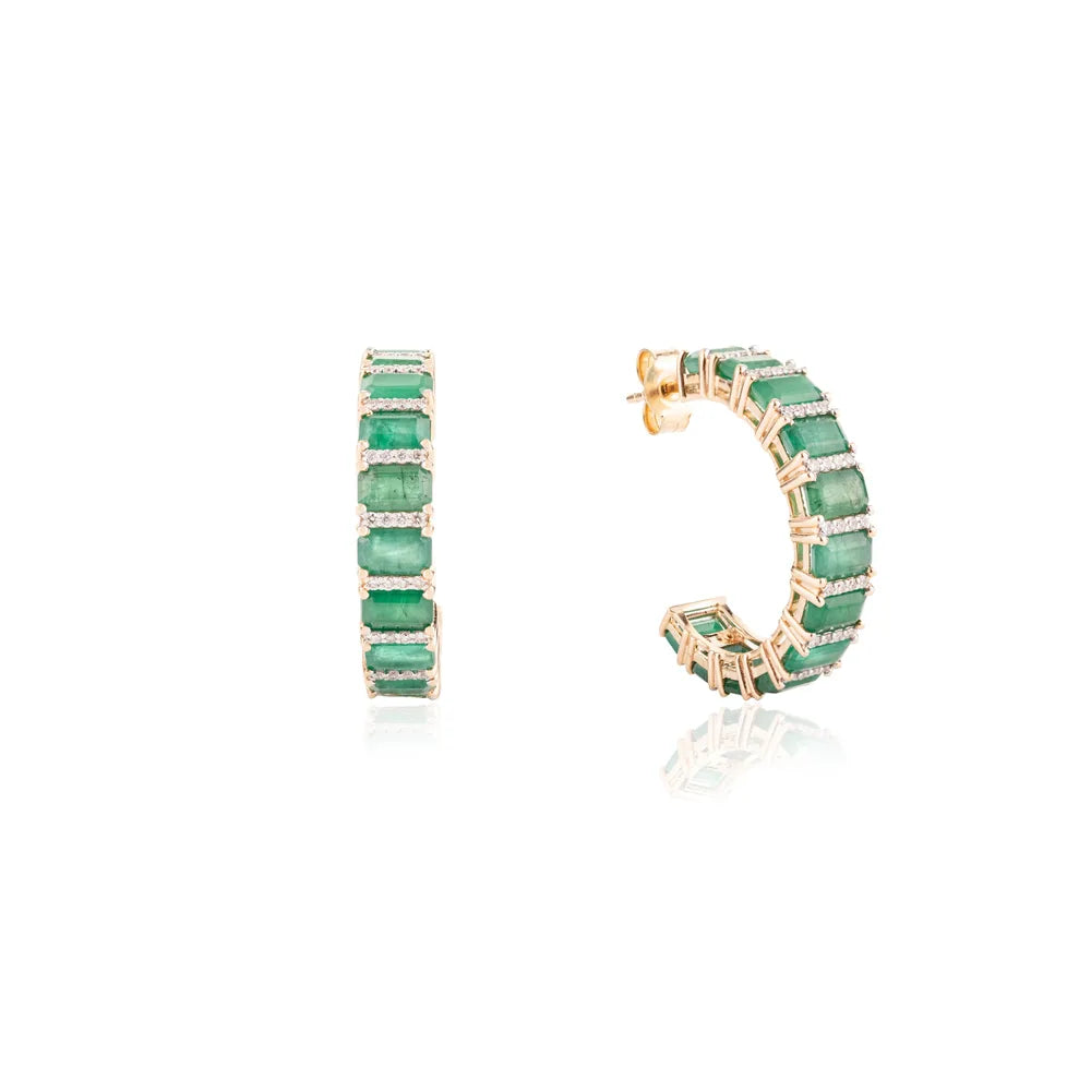 Octagon Shape 14K Solid Yellow Gold Natural Emerald & Diamond Hoop Earrings