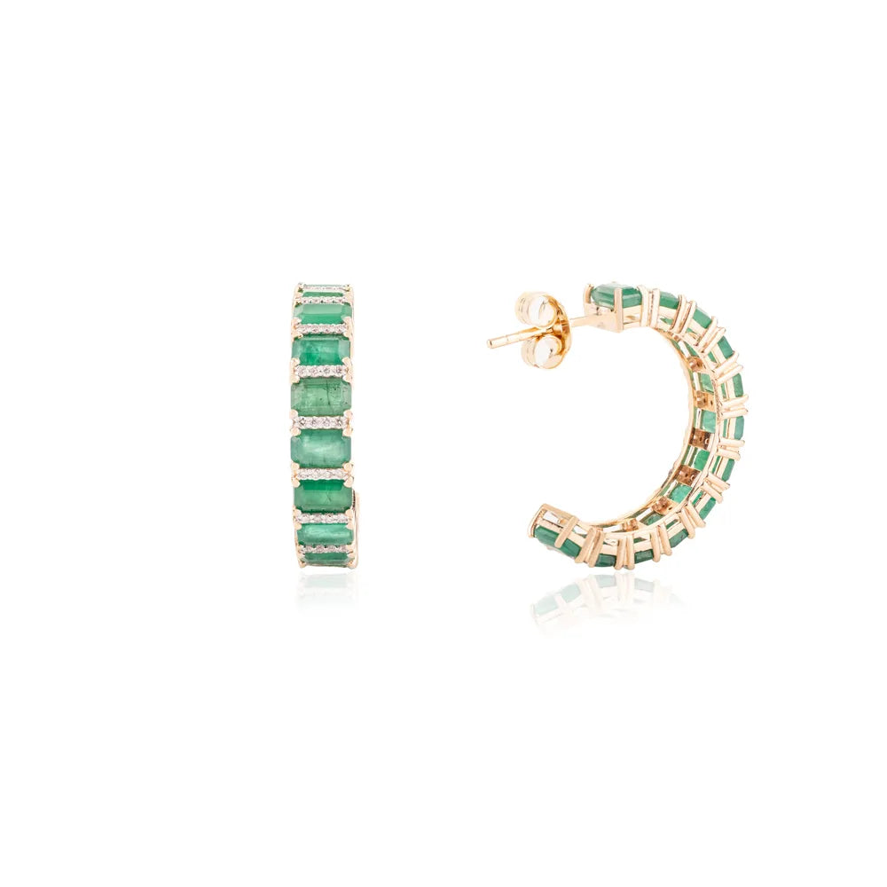 Octagon Shape 14K Solid Yellow Gold Natural Emerald & Diamond Hoop Earrings