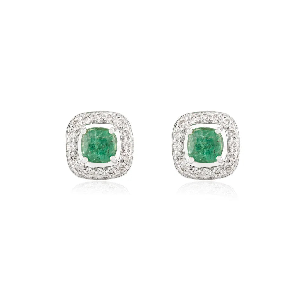 May Birthstone Cushion Cut Emerald & Round Diamond K14 White Gold Stud Earring