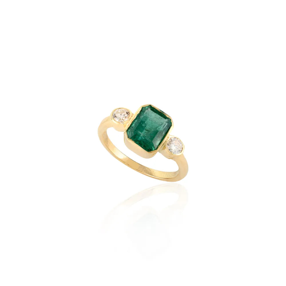 High Quality Products Natural Emerald & Diamond 18K Solid Yellow Gold Ring