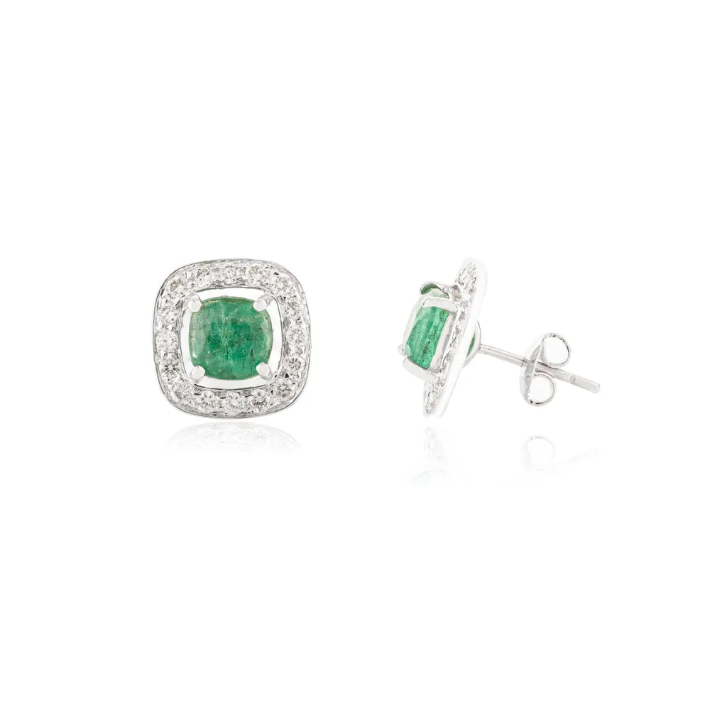 May Birthstone Cushion Cut Emerald & Round Diamond K14 White Gold Stud Earring