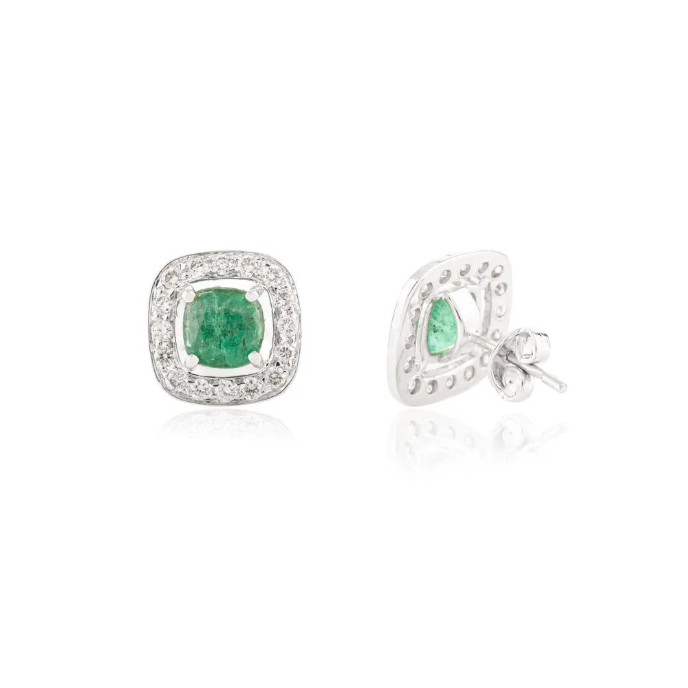 May Birthstone Cushion Cut Emerald & Round Diamond K14 White Gold Stud Earring