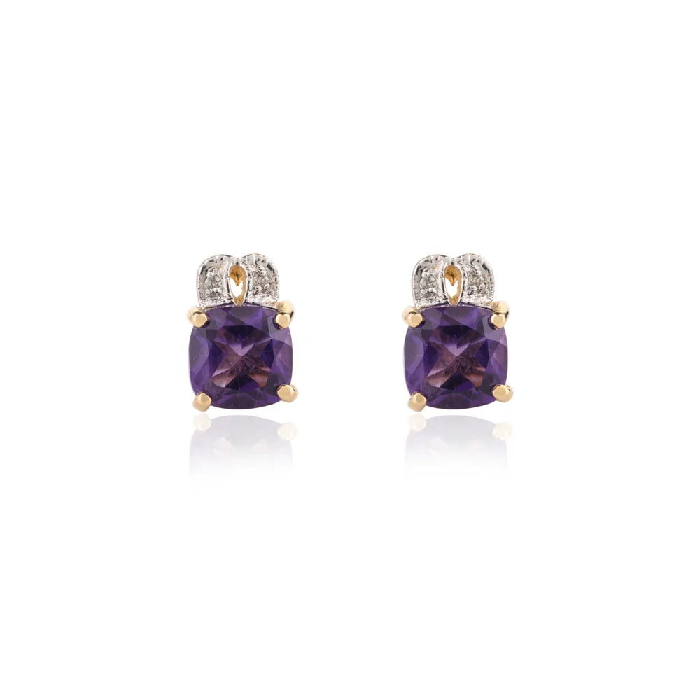 Best Quality Product Solid Yellow Gold Amethyst & Diamond Stud Earring