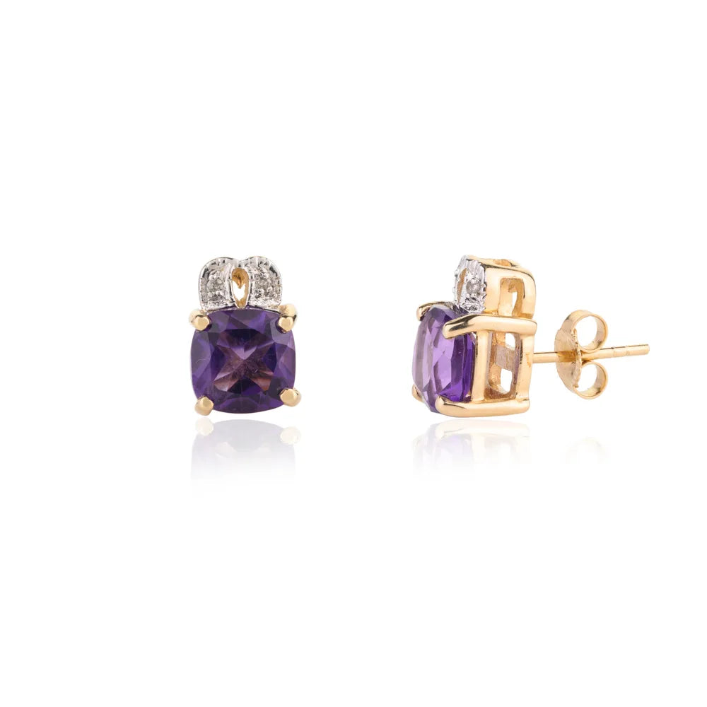 Best Quality Product Solid Yellow Gold Amethyst & Diamond Stud Earring