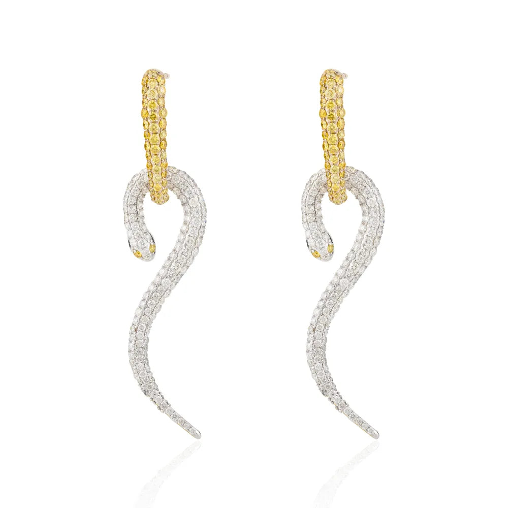 Unique Jewelry Natural Yellow & White Diamond 18K Gold Snake Dangle Earrings