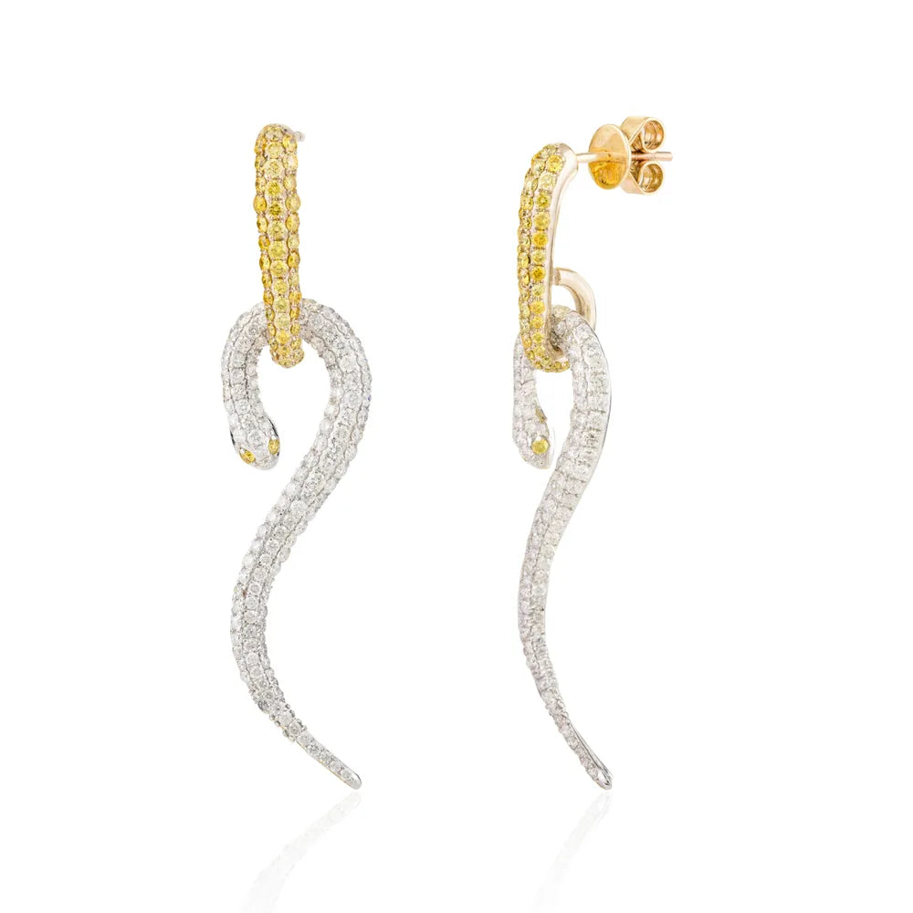 Unique Jewelry Natural Yellow & White Diamond 18K Gold Snake Dangle Earrings