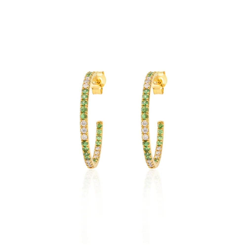 Handmade Jewelry Tsavorite & Diamond Solid 18K Yellow Gold C-Hoop Earrings