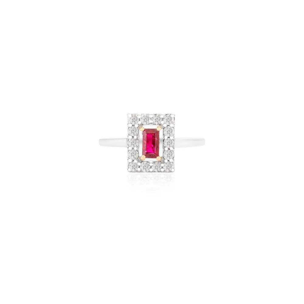 Fine Jewelry 14K Solid White Gold Natural Baguette Shape Ruby & Diamond Ring