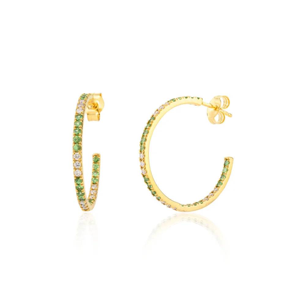 Handmade Jewelry Tsavorite & Diamond Solid 18K Yellow Gold C-Hoop Earrings