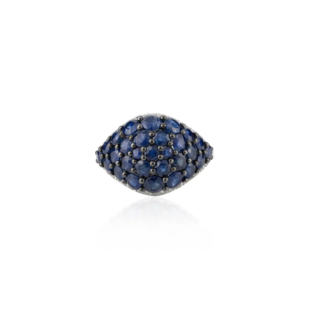 Natural Blue Sapphire & Diamond 18K White Gold Dome Ring Custom Jewelry