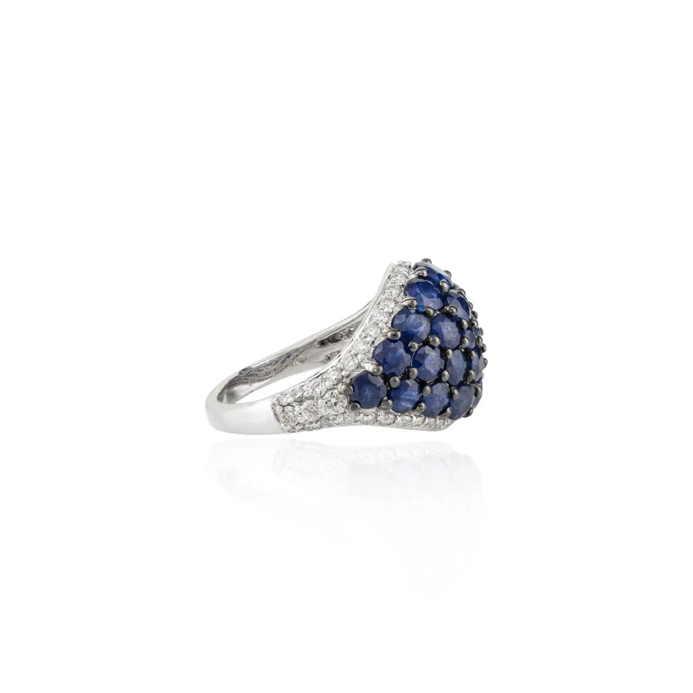 Natural Blue Sapphire & Diamond 18K White Gold Dome Ring Custom Jewelry