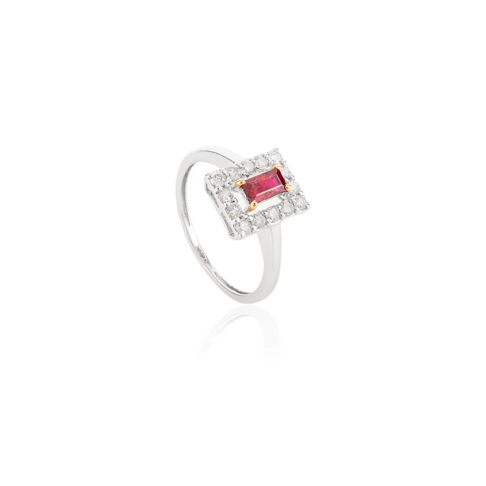 Fine Jewelry 14K Solid White Gold Natural Baguette Shape Ruby & Diamond Ring