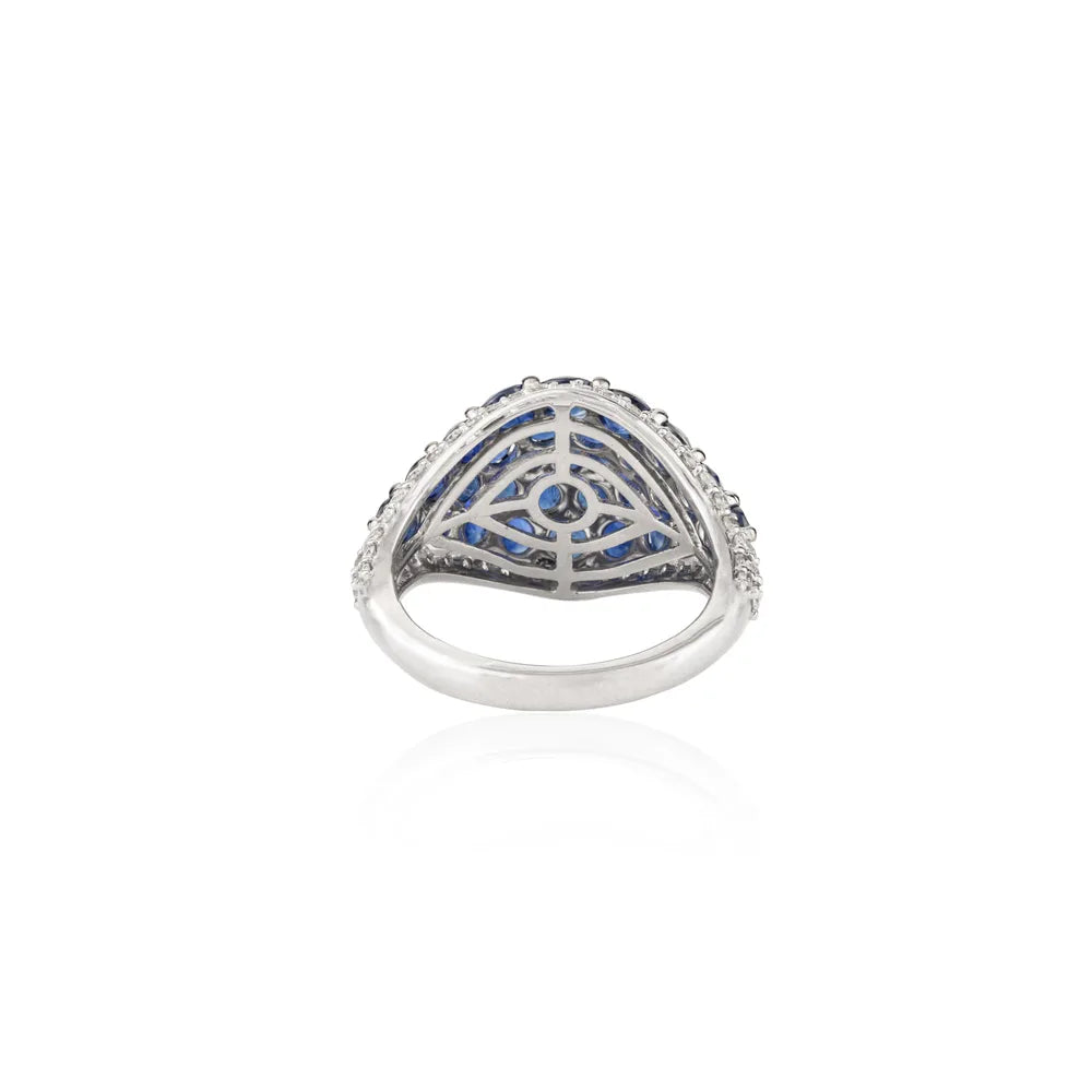 Natural Blue Sapphire & Diamond 18K White Gold Dome Ring Custom Jewelry