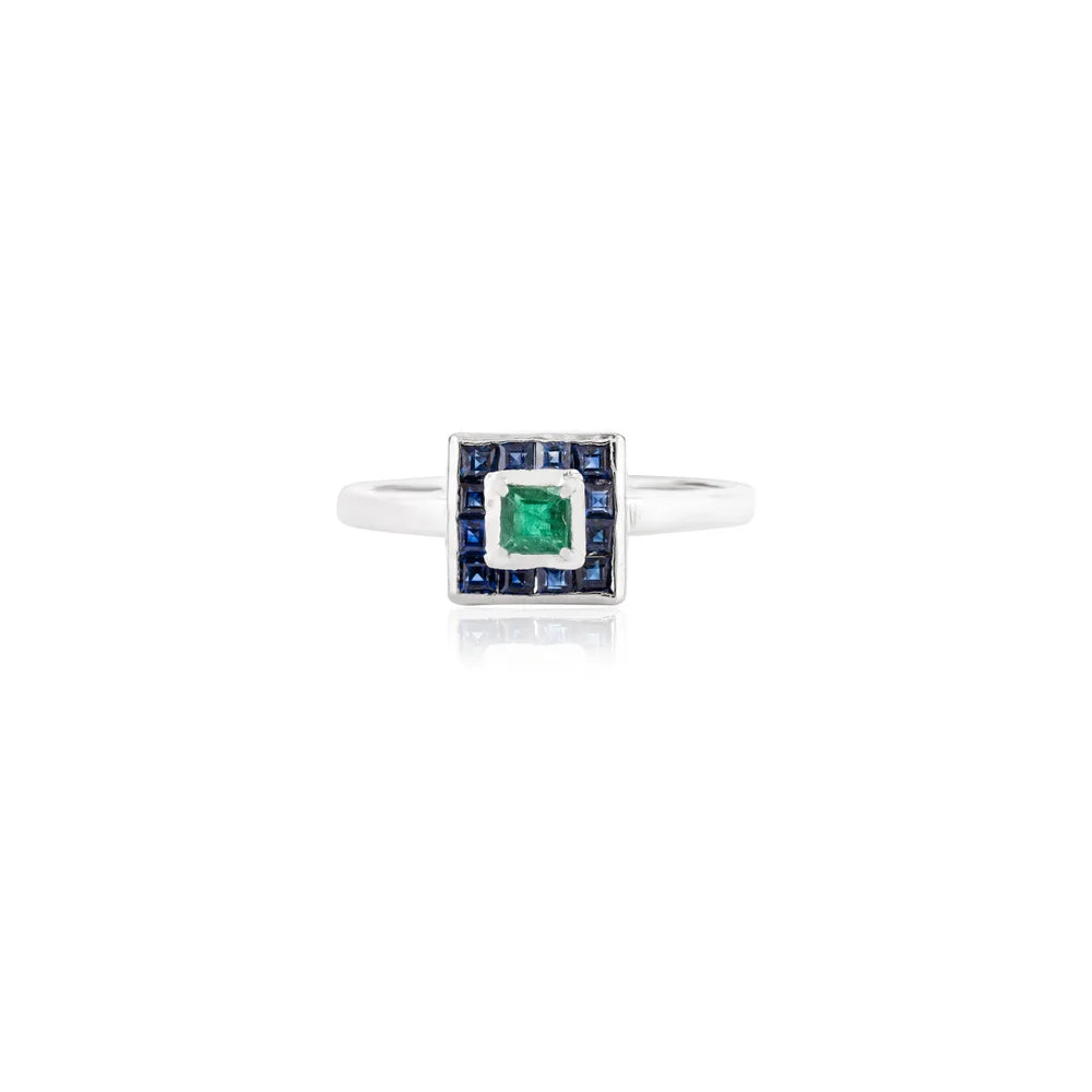 Custom Jewelry Natural Emerald & Blue Sapphire 14K Solid White Gold Square Ring