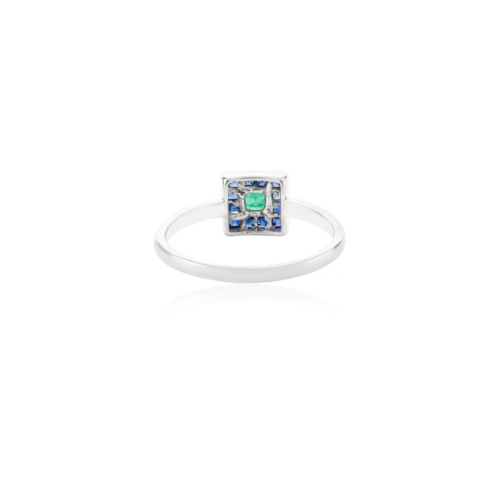 Custom Jewelry Natural Emerald & Blue Sapphire 14K Solid White Gold Square Ring