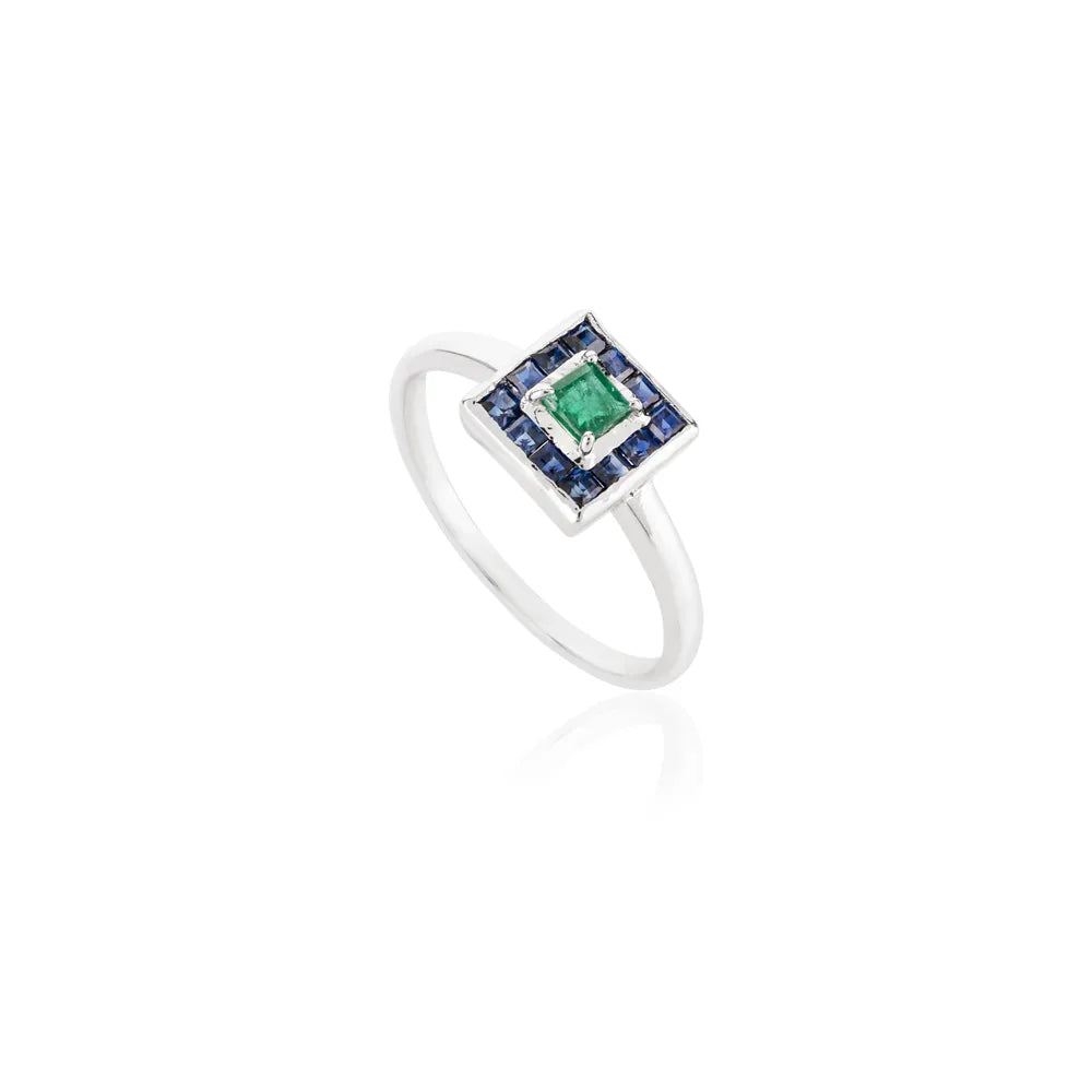 Custom Jewelry Natural Emerald & Blue Sapphire 14K Solid White Gold Square Ring