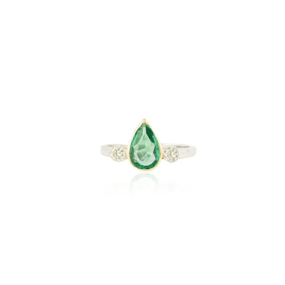 Pear Emerald & Round Diamond 18K Solid White Gold Trinity Ring Unique Jewelry