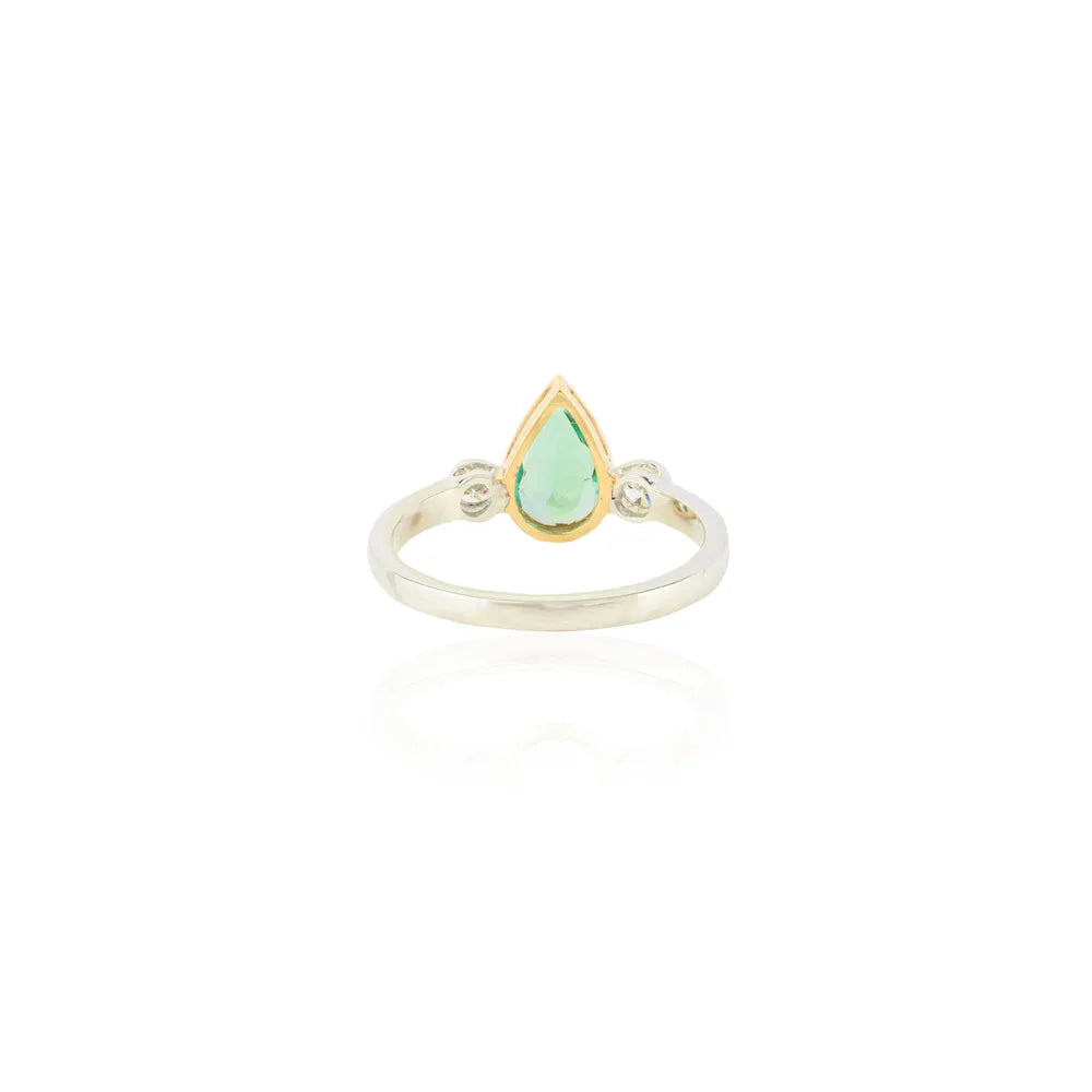 Pear Emerald & Round Diamond 18K Solid White Gold Trinity Ring Unique Jewelry