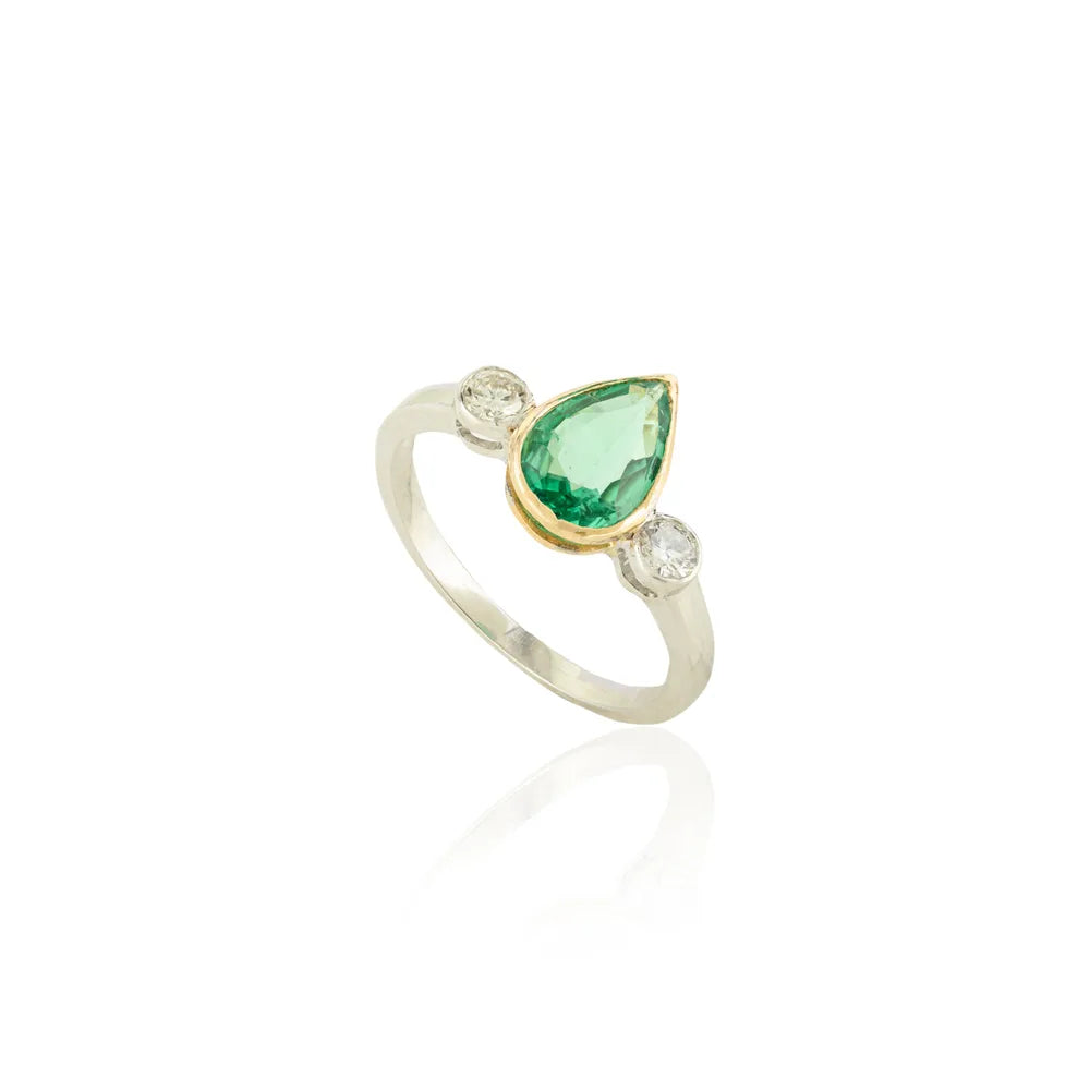 Pear Emerald & Round Diamond 18K Solid White Gold Trinity Ring Unique Jewelry